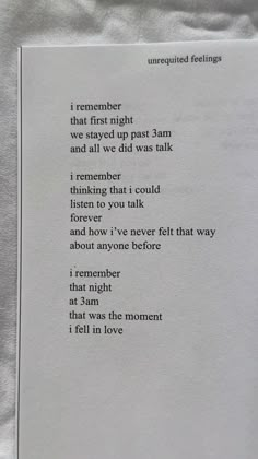 a poem written in black ink on white paper, with the words i remember that first night