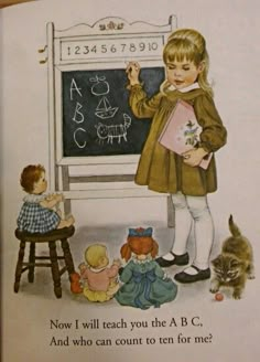 an old children's book with a child writing on the chalkboard