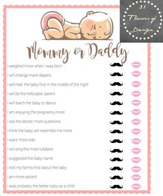 a baby shower game with the words mommy on daddy written in pink and black letters