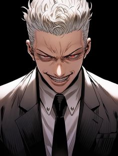 an anime character with white hair wearing a suit and tie, staring at the camera