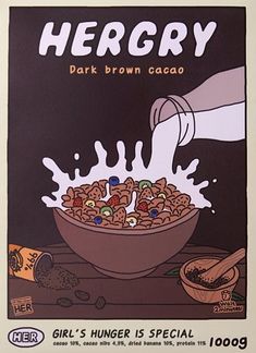 an advertisement for hergry dark brown cacao cereal, which is being used as a drink