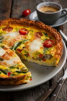 Cheesy vegetable quiche with cherry tomatoes served on a plate next to a cup of coffee. Easy Breakfast Dishes, Sweet Chili Sauce Recipe, Cheese Vegetables, Recipe For Breakfast, Marsala Chicken Recipes, Frittata Recipe, Frittata Recipes, Food Diy, Breakfast Idea