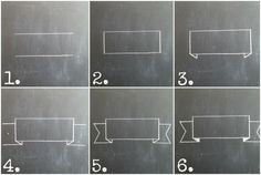 six pictures showing how to draw a rectangle on a chalkboard with numbers and shapes