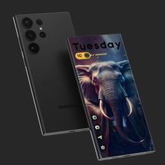 the front and back sides of a black phone with an image of an elephant on it