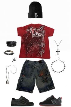 red shirt | baggy jorts | baggy pants | skull logo | skull hat | y2k accessories Year 2000 Outfits Men, Y2k Fashion Accessories, Halloween Costumes Masc Women, Jorts Outfit Idea Men Y2k, Outfits With Baggy Pants, Y2k Outfits Men Ideas, Red Baggy Shirt, Y2k Jorts Outfit, Red Grunge Outfit Men