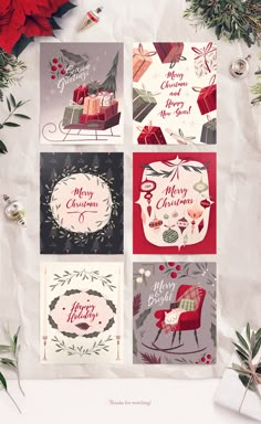 four christmas cards with presents on them and holly wreaths around the edges, surrounded by evergreen branches