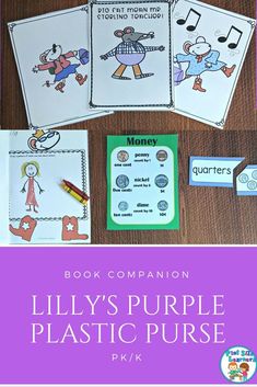 the book companion lily's purple plastic purse is shown with its contents and instructions