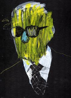 a painting of a man wearing glasses and a tie with grass growing on his head