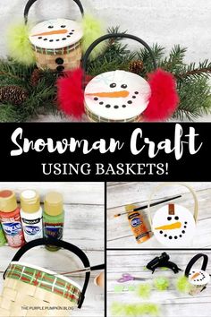 snowman craft using baskets and other items to make it look like they have been made from