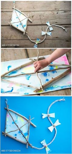 the process to make an art project with sticks and glue is shown in three different stages