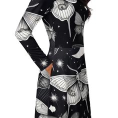 Black and White Gothic Moths, Stars and Moon Long Sleeve Midi Dress with Pockets Meet your new favorite dress! Its soft fabric and flattering cut will ensure you feel comfortable and feminine all day long. Plus, the fitted waist and flared bottom part of the dress will accentuate the wearer's naturally beautiful silhouette. The best part about the dress? It. Has. Pockets.   * Fabric composition in the EU: 96% polyester, 4% spandex  * Fabric composition in the US: 93% polyester, 7% spandex  * Fab Luna Moth Dress, Celestial Cardigan, Black Long Sleeve Top With Moon Print, Fitted Black Star Print Dress, Black Star Print Winter Outerwear, Boat Neckline, Long Sleeve Midi, Long Sleeve Midi Dress, Spandex Fabric