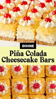 pina colada cheesecake bars with cherries and pineapples on top