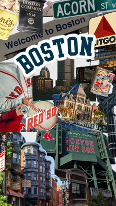 a collage of photos with the word boston on it and images of buildings, street signs, and other things