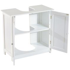 an open white cabinet with shelves and doors on both sides, isolated against a white background