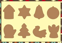 the silhouettes of christmas trees and ornaments are shown in brown on a beige background