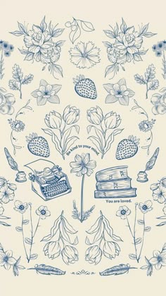 a blue and white drawing of flowers with an old typewriter in the middle, surrounded by other things