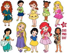 the disney princesses are all dressed up in different outfits and hair styles, but one is