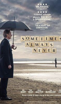 the movie poster for sometimes always never features a man holding an umbrella and standing on a beach