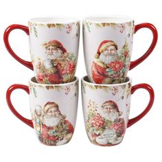 four coffee mugs with santa claus on the front and back, all decorated in red