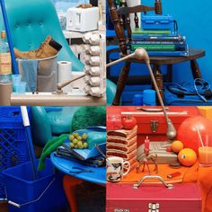 there are many different types of items on the table and in this collage it is blue, orange, and white