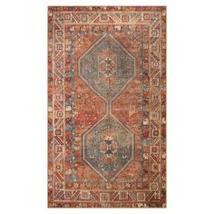 an orange, blue and red rug with many different designs on it's sides