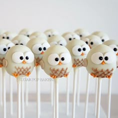 cake pops with white frosting decorated like owls