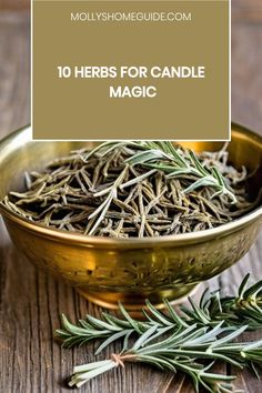 herbs for candle magic in a brass bowl with rosemary sprigs on the side