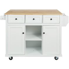 a white kitchen island with two drawers and a wooden top