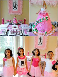 three girls in pink and white dresses standing next to each other at a birthday party