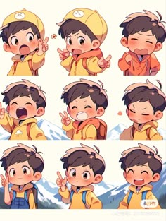 various poses of a young boy with different facial expressions and gestures, including the hand gesture