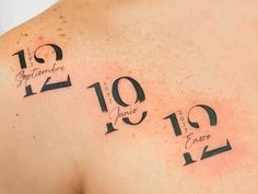 the back of a man's shoulder with numbers and date tattoos on his chest