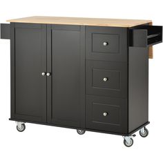 a kitchen island cart with drawers on casteors and wood top in black finish, against a white background