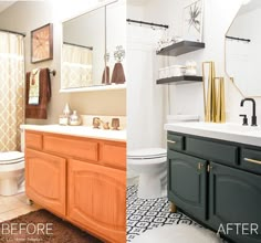 before and after photos of a bathroom remodel with wood cabinets, tile floor