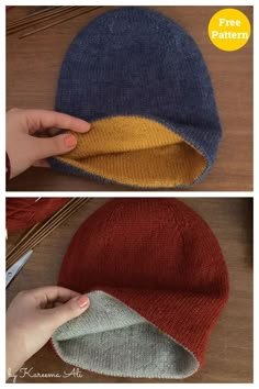 two pictures showing how to make a knitted hat with the same color and pattern