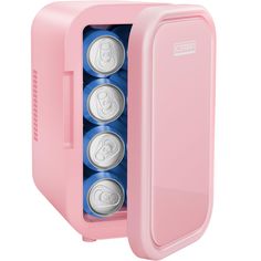 a pink mini fridge with six cans in it