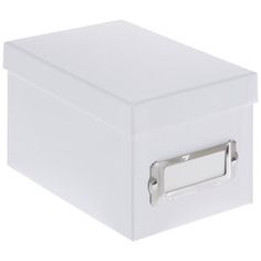 a white box with a metal latch on the front and bottom, open to show its contents