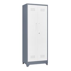 a gray and white locker with two doors