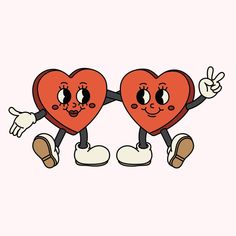 two red hearts with faces and hands, one holding the other's hand while standing next to each other