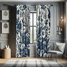 a living room with blue and white curtains on the window sill, striped rug and chair