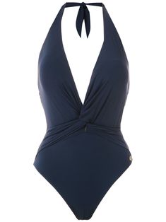 Navy swimsuit with twisted detail from Brigitte featuring a deep V neck and a slim fit. Embarkation Day, Luxury Swimsuits, Navy Swimsuit, Navy Blue Bikinis, Designer Beach Wear, Skateboard Art, Love Clothing, Designer Swimwear