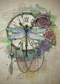 a clock with flowers and a dragonfly on it