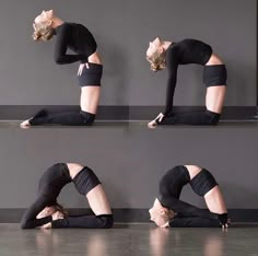 the woman is practicing her yoga moves in different positions, including one on the floor