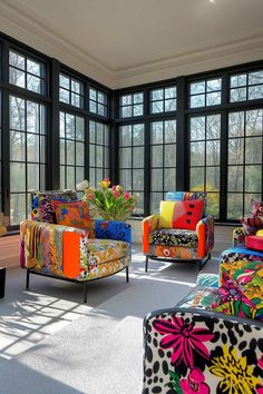 a living room filled with lots of colorful furniture