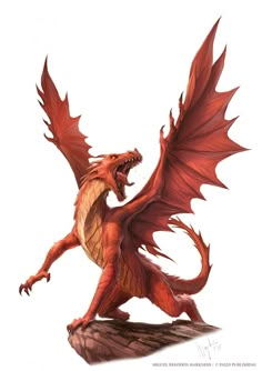 a red dragon statue sitting on top of a wooden stump in front of a white background