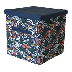 a blue box with an orange and green pattern on the front, sitting against a white background