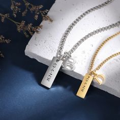 Product Description: Introducing our Men's Waterproof Personalized Text Name Necklace, the perfect blend of style and sentimentality. Crafted from durable stainless steel, this necklace features a customized name bar pendant, making it a thoughtful and enduring gift for men, especially ideal for Father's Day. With its waterproof design and customizable text, this necklace offers both practicality and personalization. Highlights: 1. Customized Name Bar Pendant: The necklace boasts a sleek name ba Pendant Design For Men, Name Pendant Design, Name Necklace For Men, Customized Name Necklace, Pendant Making, Necklace For Men, Bar Pendant, Pendant Design, Name Necklace