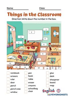 the classroom worksheet is filled with words and pictures