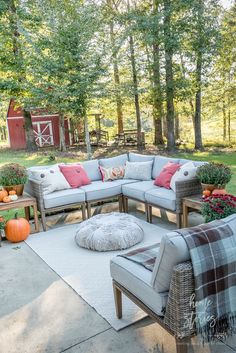 an outdoor living area with couches, tables and pumpkins on the ground in front of trees