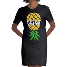 Loose and casual fit jersey t-shirt dress. Printed polyester blend front panel, solid color 100% cotton back/sleeves/rib. Size range XS-2XL. Upside Down Pineapple, Pineapple Graphic, Pineapple Shirt, Shirts For Women, Casual Fit, Upside Down, Casual Fits, Jersey T Shirt, T Shirt Dress