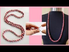 the necklace is being made with beads and pink beads, while another photo has been taken